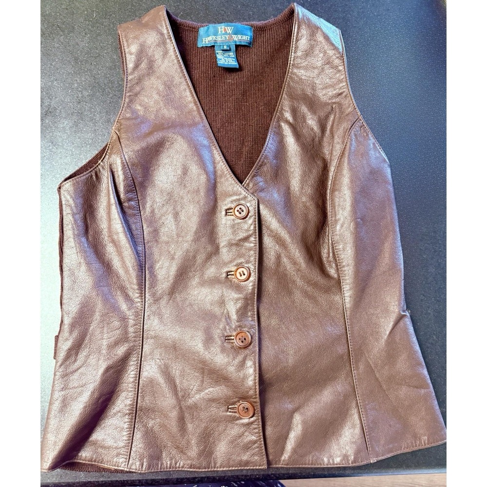 Vintage Hawksley & Wight Brown Leather Wool Knit Back Vest Women's Small